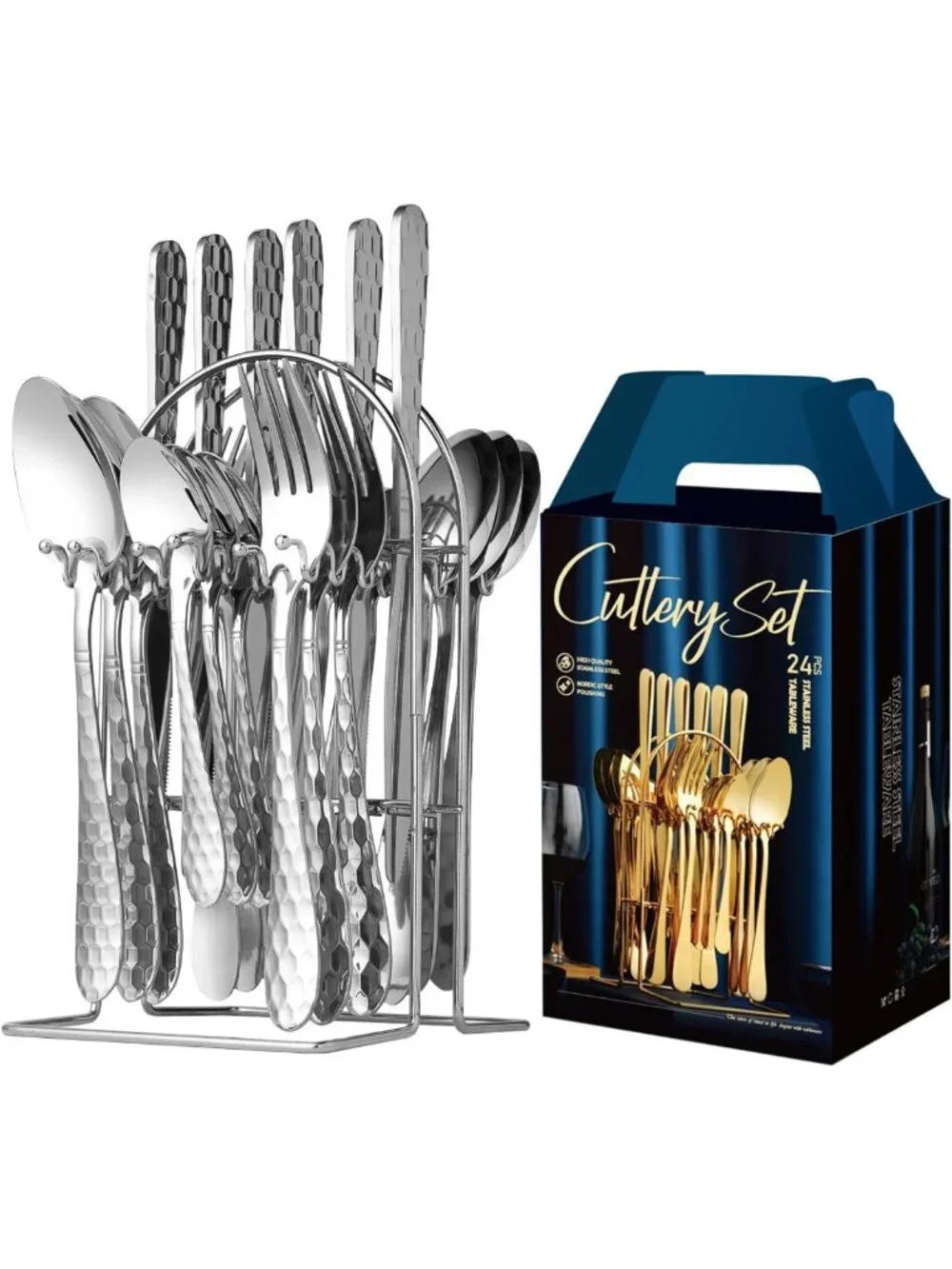 24-Piece Stainless Steel Silverware Set with Holder - Forks, Spoons & Knives for
